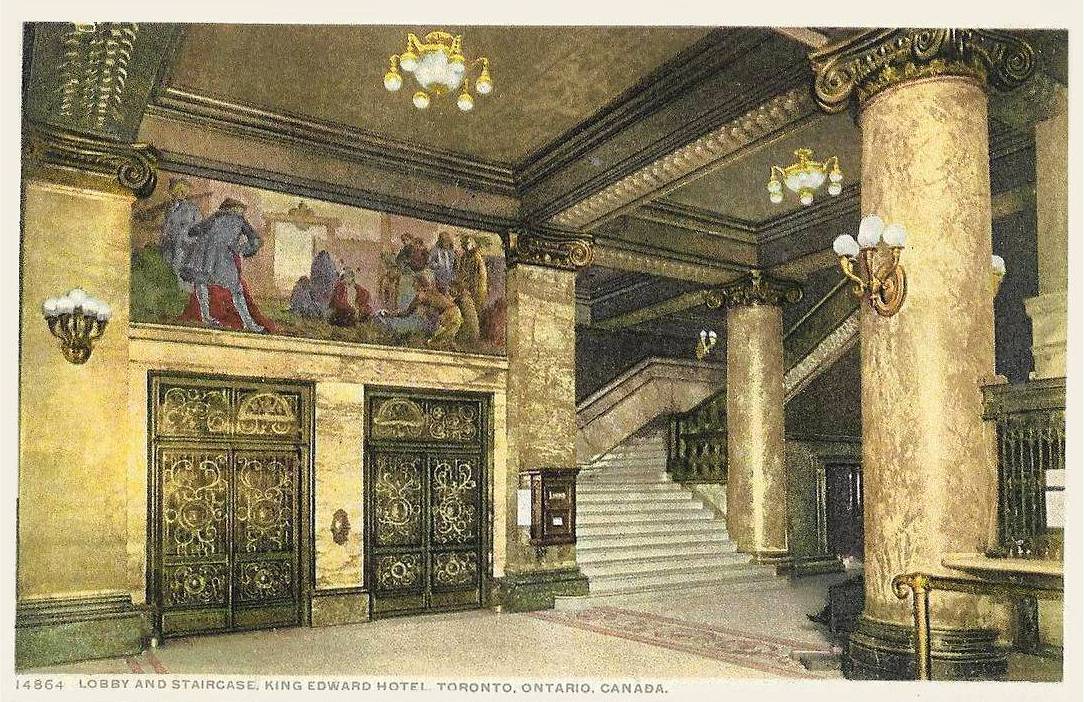 A POSTCARD - TORONTO - KING EDWARD HOTEL - LOBBY ELEVATORS AND STAIRS - TINTED - NICE VERSION - c1920