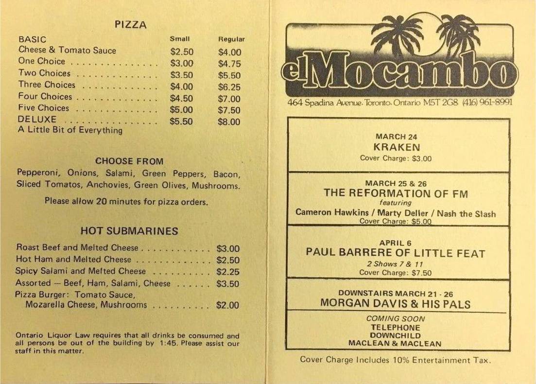 A MENU - TORONTO - EL MOCAMBO - 464 SPADINA AVE - COVER AND BACK - THEY SURE DIDN't BECOME KNOWN FOR THEIR MENU - MAYBE1980