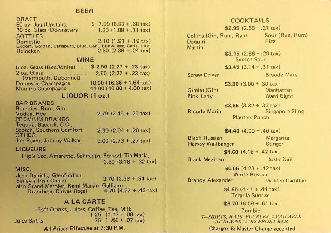 A MENU - TORONTO - EL MOCAMBO - 464 SPADINA AVE - INSIDE - DRINKS - THEY SURE DIDN't BECOME KNOWN FOR THEIR MENU - MAYBE1980