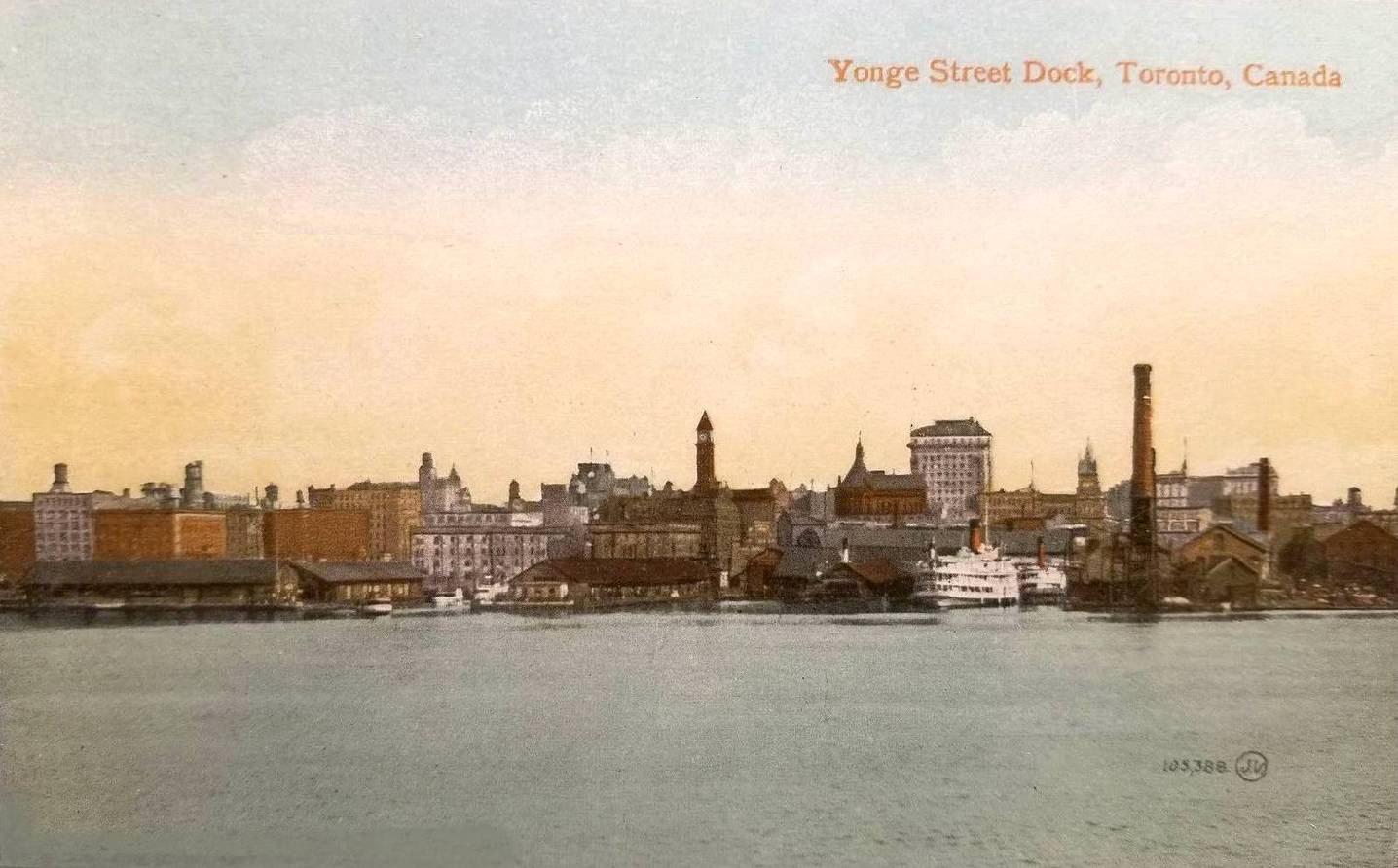 A POSTCARD - TORONTO - YONGE STREET DOCK AND SKYLINE - SEEN AT WATER LEVEL FROM A DISTANCE OUT ON LAKE - TINTED - 1910s