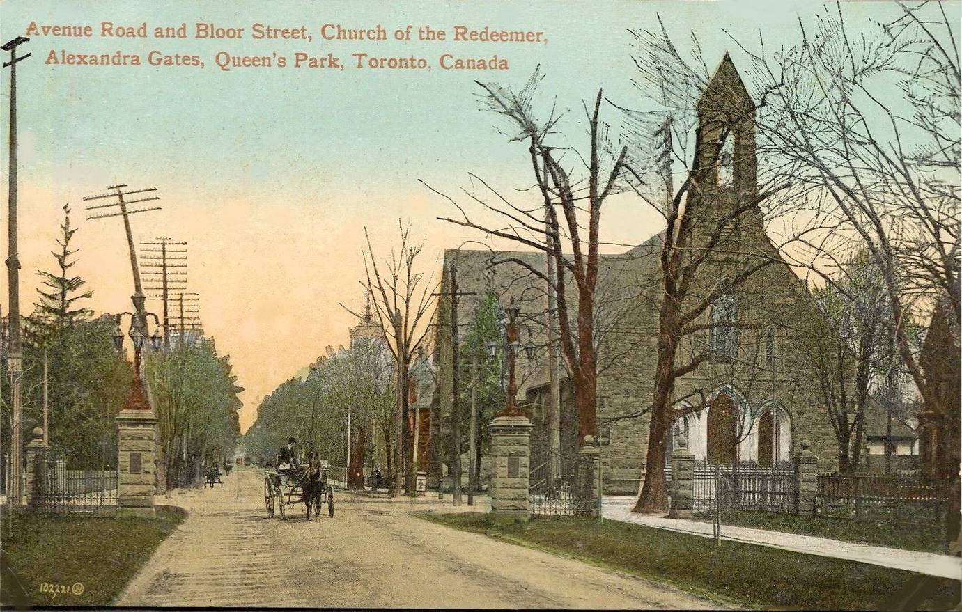 AA POSTCARD - TORONTO - AVENUE ROAD AND BLOOR - LOOKING N GROUND LEVEL - CHURCH OF THE REDEEMER - WAGONS AT ALEXANDRA GATES OF QUEEN'S PARK - TINTED - 1912