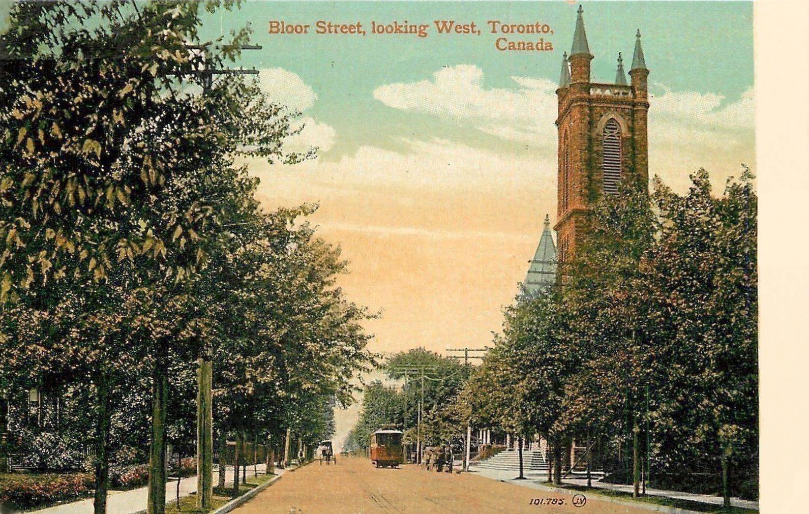 AA POSTCARD - TORONTO - BLOOR STREET - LOOKING W - EXACT LOCATION UNKNOWN - CHURCH AND STREETCAR STOPPED - TINTED - NICE VERSION - 1913
