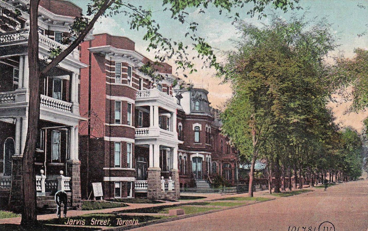 AA POSTCARD - TORONTO - JARVIS STREET - TREE-LINED - A COUPLE OF RARE APARTMENT BUILDINGS - MAN BENT OVER GRASS MAYBE CARETAKER - TINTED - 1910s