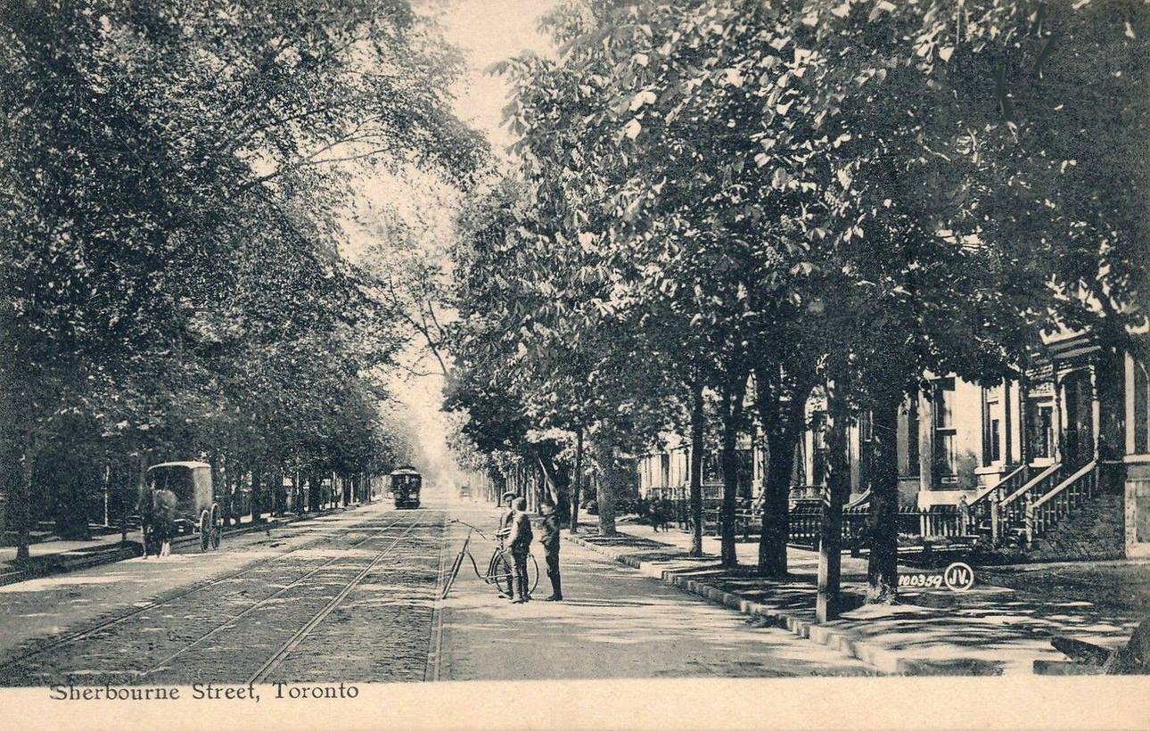 AA POSTCARD - TORONTO - SHERBOURNE STREET - TREE-LINED - HOMES - 3 BOYS WITH A BICYCLE (NOTE GIRLS' STYLE ) - DELIVERY WAGON - STREETCAR - c1910