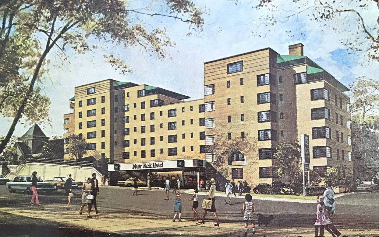 A POSTCARD - MUIR PARK HOTEL - 2900 YONGE - UPTOWN TORONTO INDIVIDUAL KITCHENS SWIMMING POOL LICENSED DINING ROOM - ARCHITECTURAL IMAGE - CITY PARK IS ON FOREGROUND SIDE OF IMAGE - RAZED