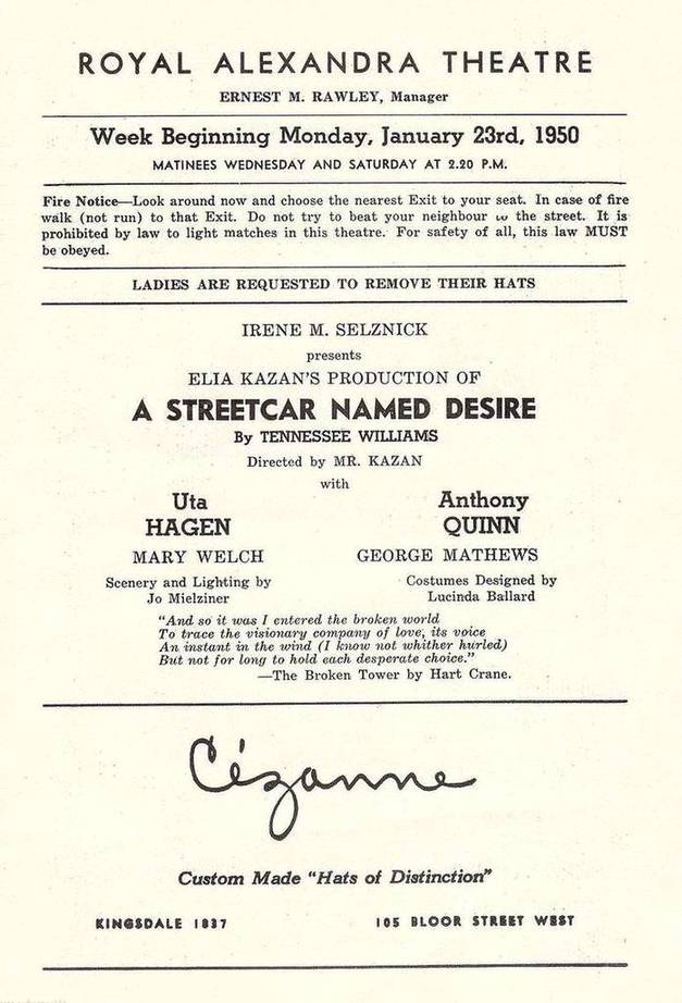 a playbill - toronto - royal alexandra theatre - a streetcar named desire - anthony quinn uta hagen - note ladies required to remove their hats - january 23 1950