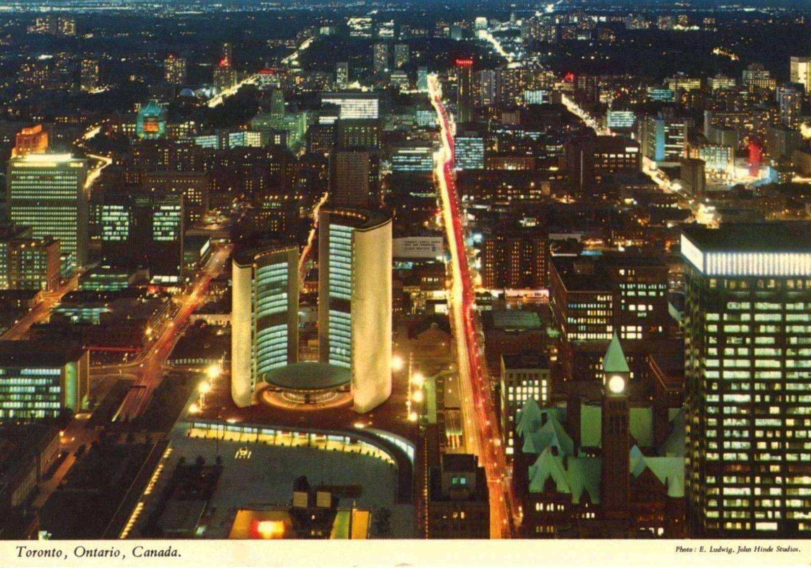 xx postcard - toronto - aerial panorama from near queen - night - unusually nice shot - early 1970s