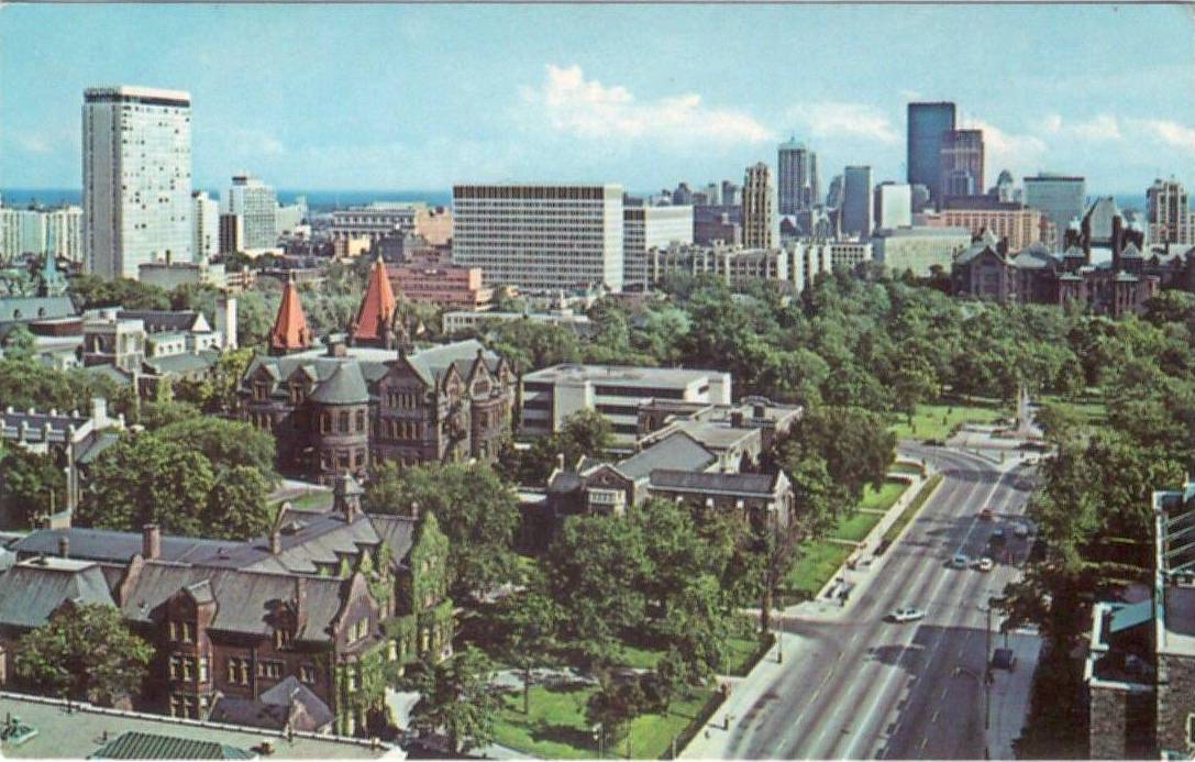 xx postcard - toronto - aerial panorama of downtown looking s from near bloor - over university ave - note second toronto-dominion tower not finished - it was finished in 1969