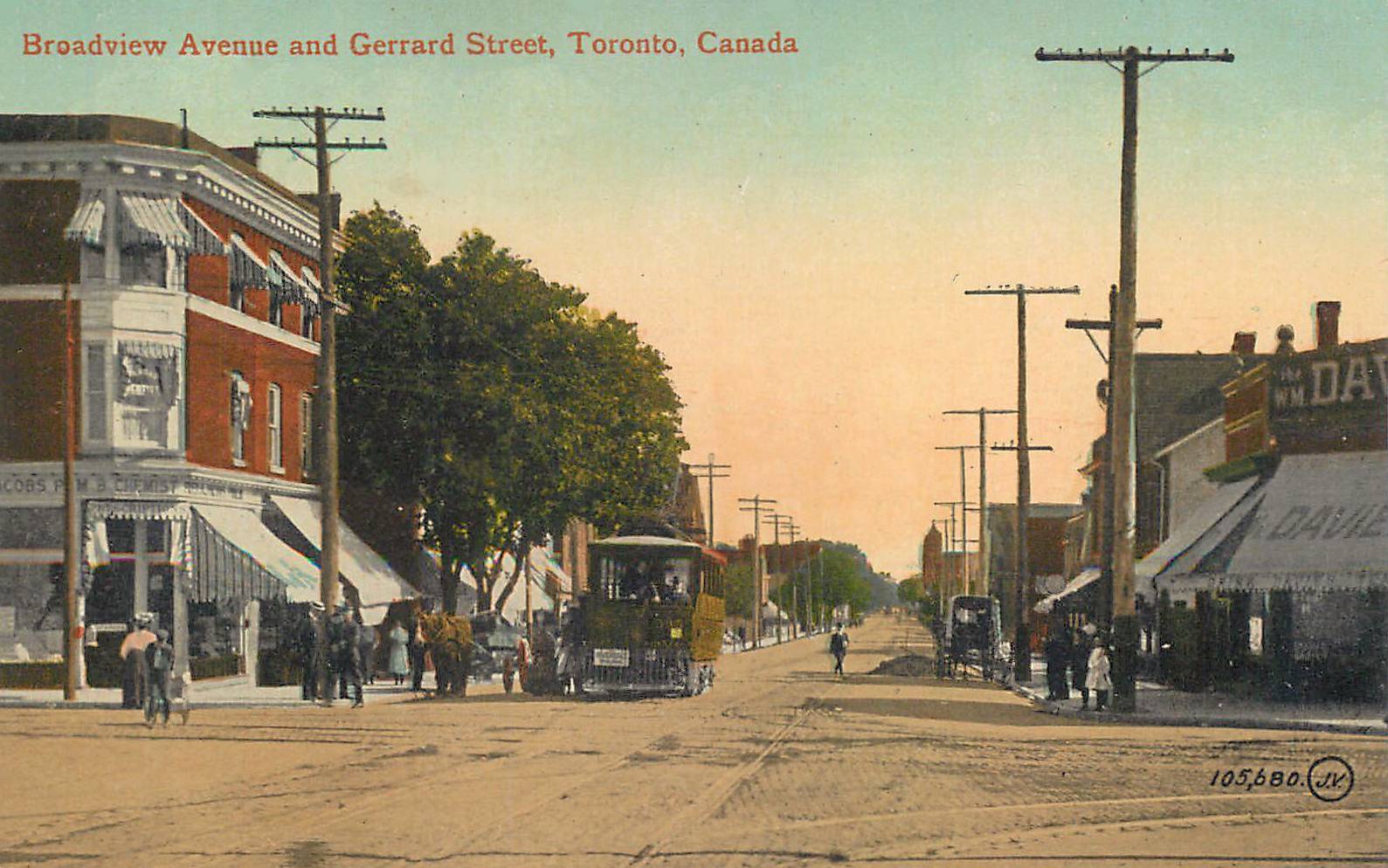 xx postcard - toronto - broadview and gerrard - wagon - early streetcar - awnings - nice version -tinted - 1912