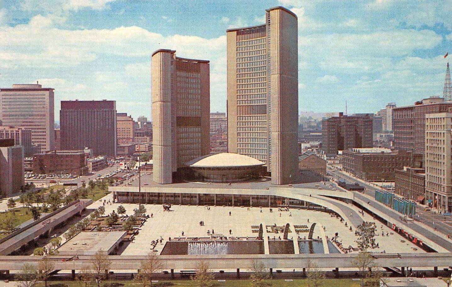 xx postcard - toronto - nathan phillips square and new city hall - aerial from across queen - maybe c1970