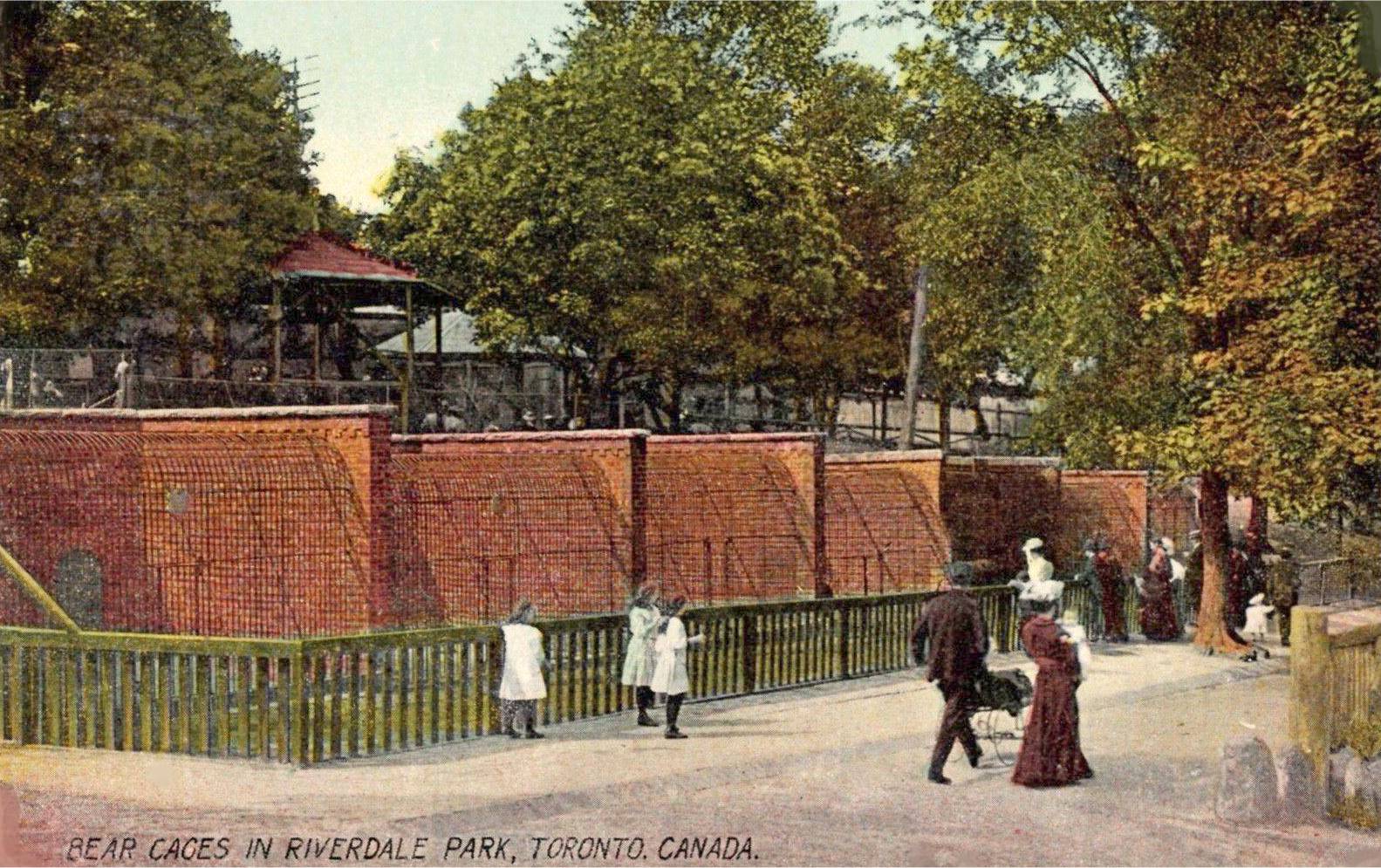 xx postcard - toronto - riverdale zoo - groups of people walking near bear enclosures - 3 little girls featured - couple with baby carriage - tinted - c1910