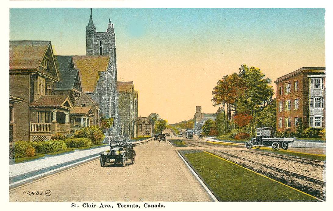 xx postcard - toronto - st clair ave - streetcar tracks in grassy parkway - cars - truck - exact location unknown - tinted - 1920s
