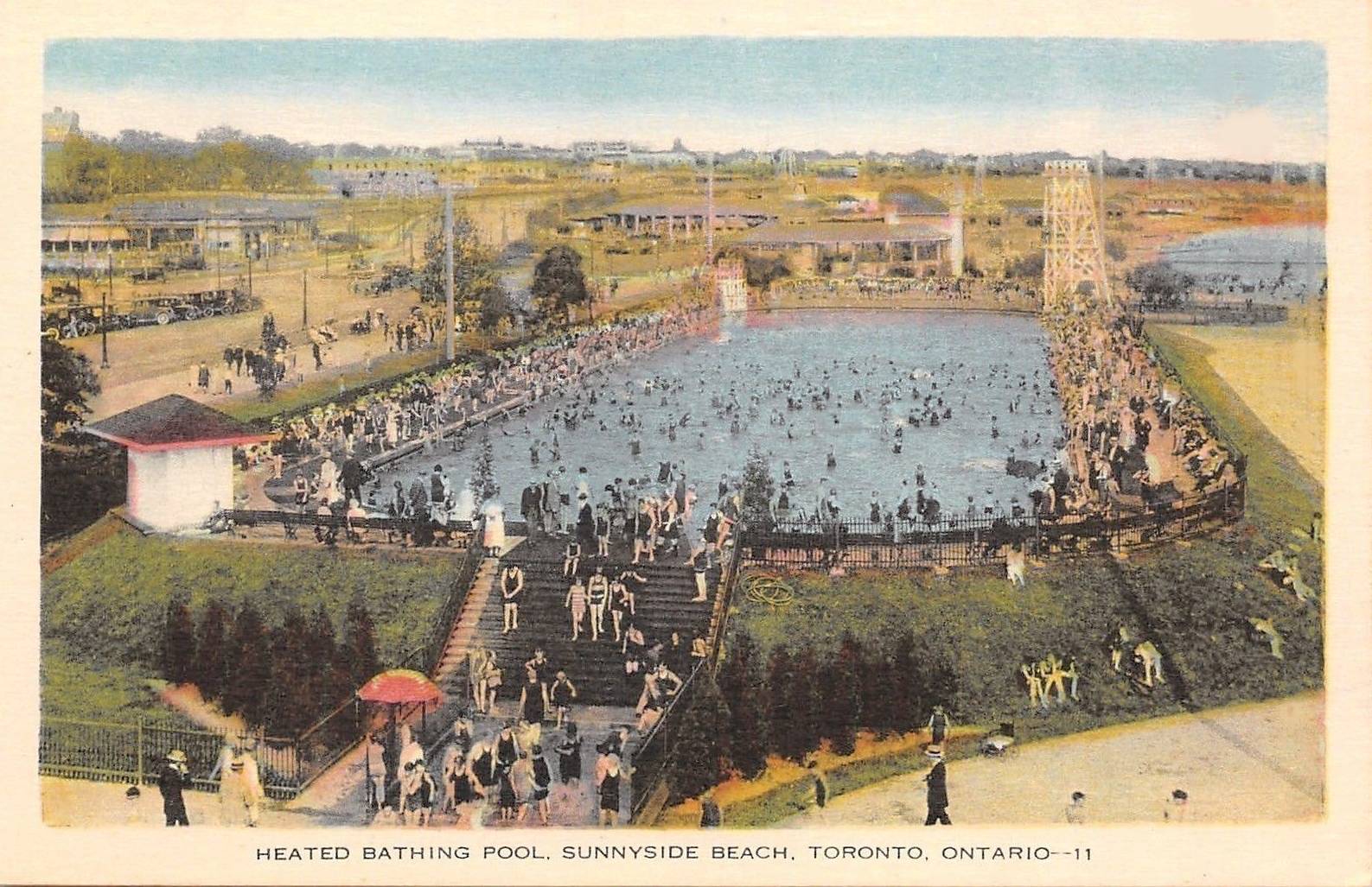 xx postcard - toronto - sunnyside beach - heated swimming pool - aerial panorama - huge crowd - tinted -1920s