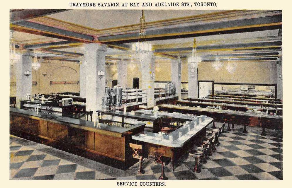 xx postcard - toronto - traymore savarin restaurant - bay and adelaide - service counters - rows of sit-down counter places - tinted
