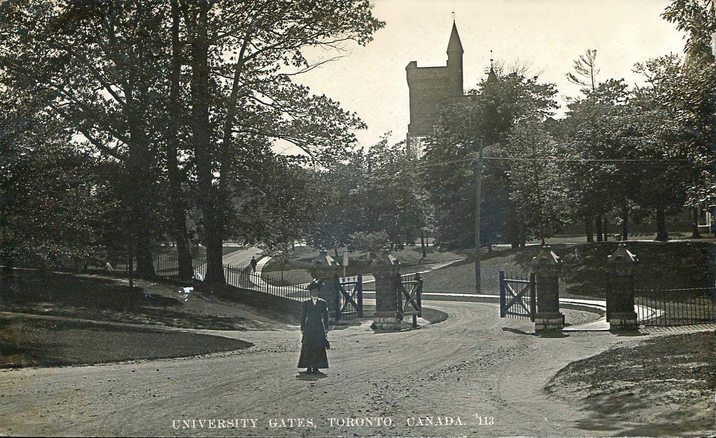 xx postcard - toronto - university gates - woman walking - just w of queen's park - university college in background - 1911