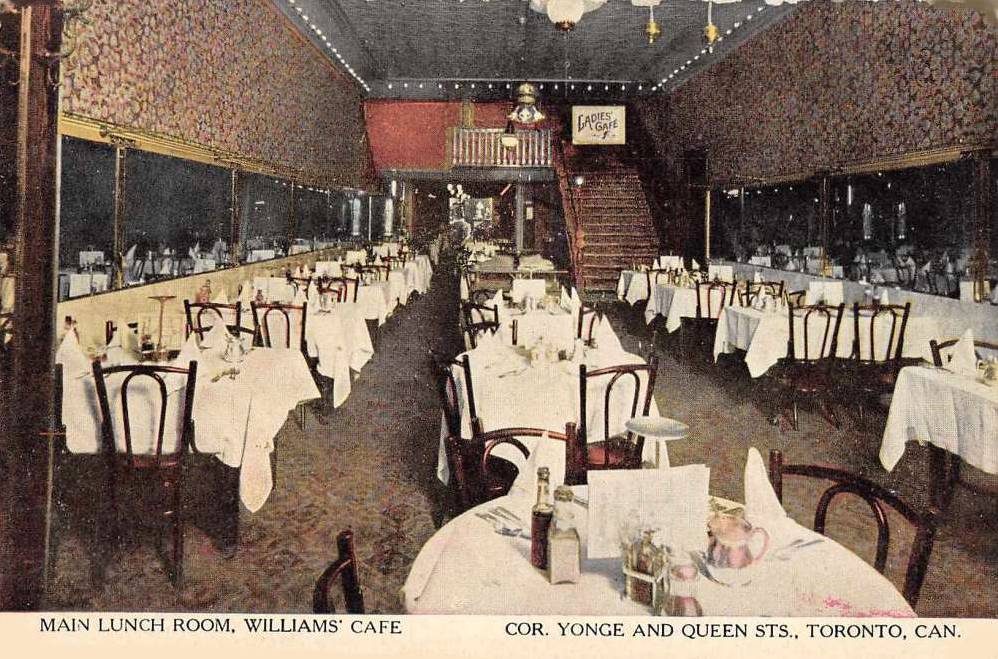xx postcard - toronto - williams' cafe - main lunch room (called that) - yonge and queen - tinted - c1910