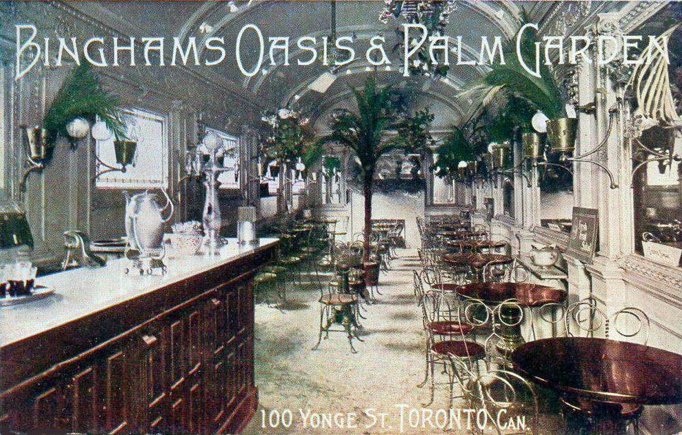 AA POSTCARD - TORONTO - BINGHAM'S OASIS AND PALM GARDEN - 100 YOUNGE STREET - INTERIOR OF ROOM WITH TABLES AND PART OF COUNTER - TINTED - c1910