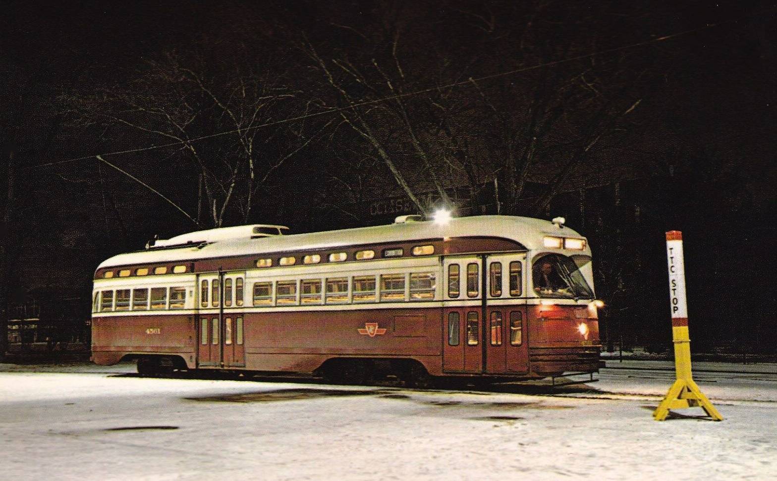 POSTCARD - TORONTO - EXHIBITION LOOP - TTC PCC STREETCAR - NIGHT - NOTE TEMPOARY STOP SIGN USED GENERALLY -AN IMAGE WITH A REAL FEEL OF ITS TIME - NICE VERSION - 1966