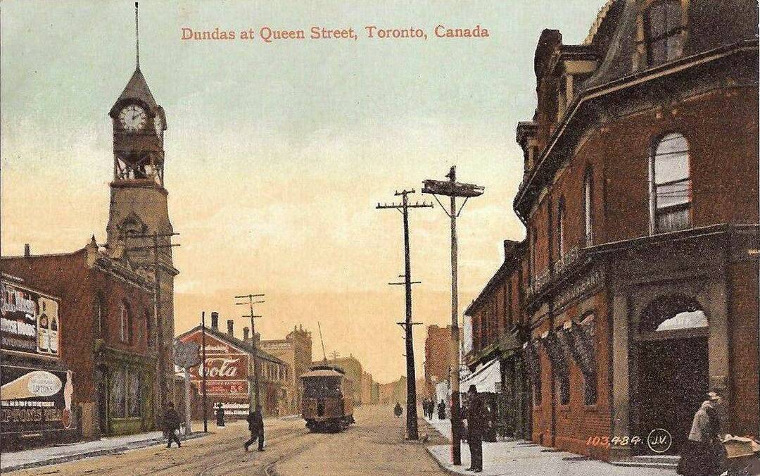 POSTCARD - TORONTO - CALLED DUNDAS AT QUEEN - SOME PEDESTRIANS - WOMEN WITH STROLLER - STREETCAR - NOTE WALL-PAINTED COCA COLA SIGN - TINTED -1910s