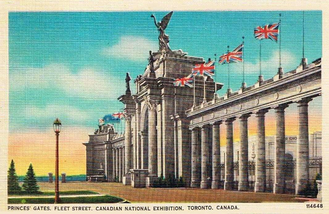A POSTCARD - TORONTO - EXHIBITION - PRINCES' GATES - FLEET STREET - LOOKING S TOWARDS LAKE - HEAVILY TINTED - THE GATES OPENED IN 1927